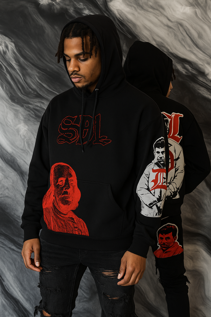 Model wearing SDL Red Hoodie on urban street
